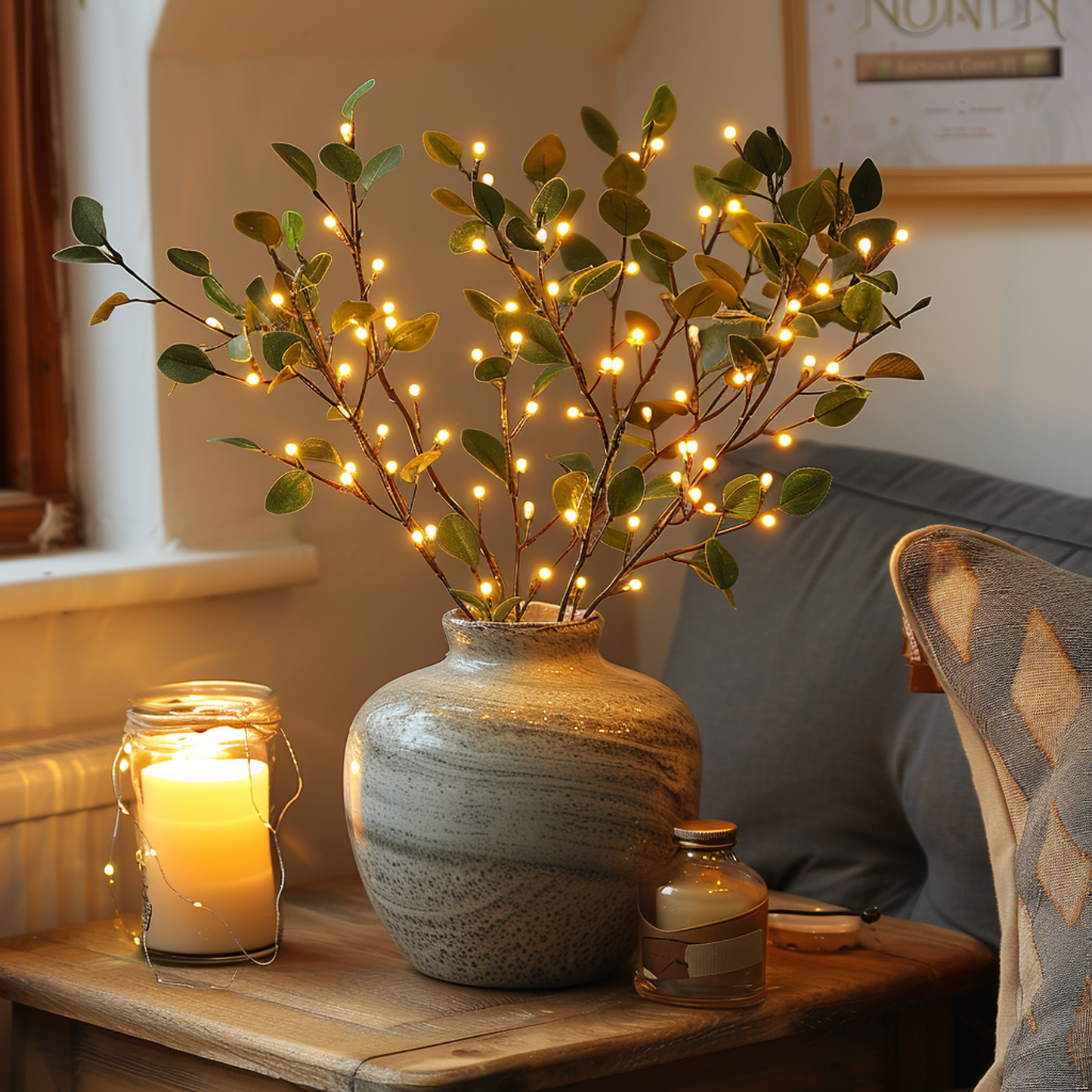 Fairy lights with olive branch for a magical and natural atmosphere