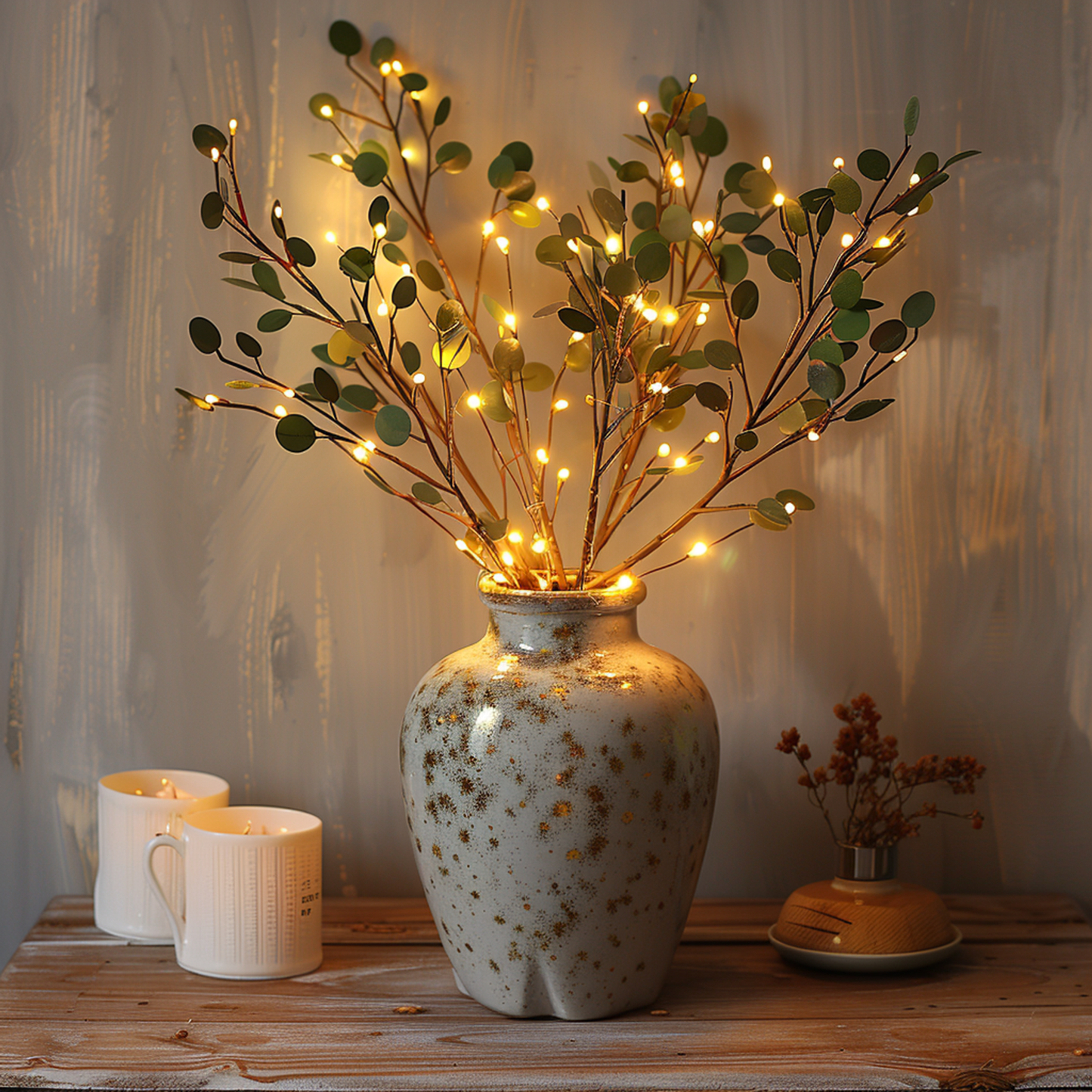 Fairy lights with olive branch for a magical and natural atmosphere